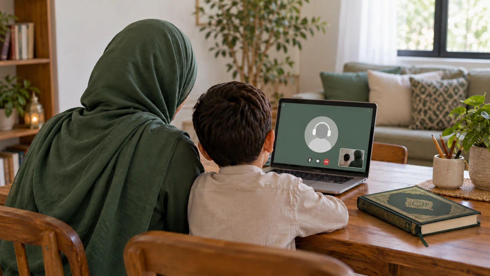 Illustrative parent and child joining an online lesson from home, viewed from behind