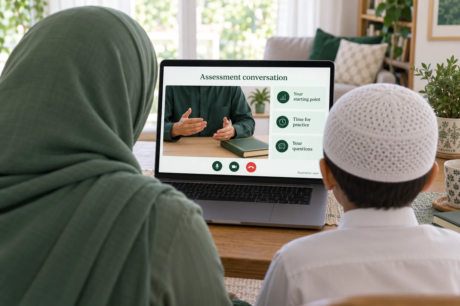 An illustrative assessment call viewed from behind a parent and child, with a teacher discussing their starting point and practice time