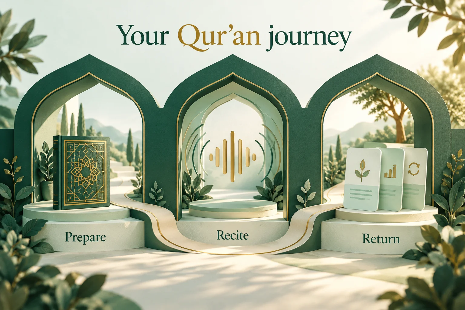 Three forest-green arches connect preparation, recitation and returning to practice on a Qur’an learning journey