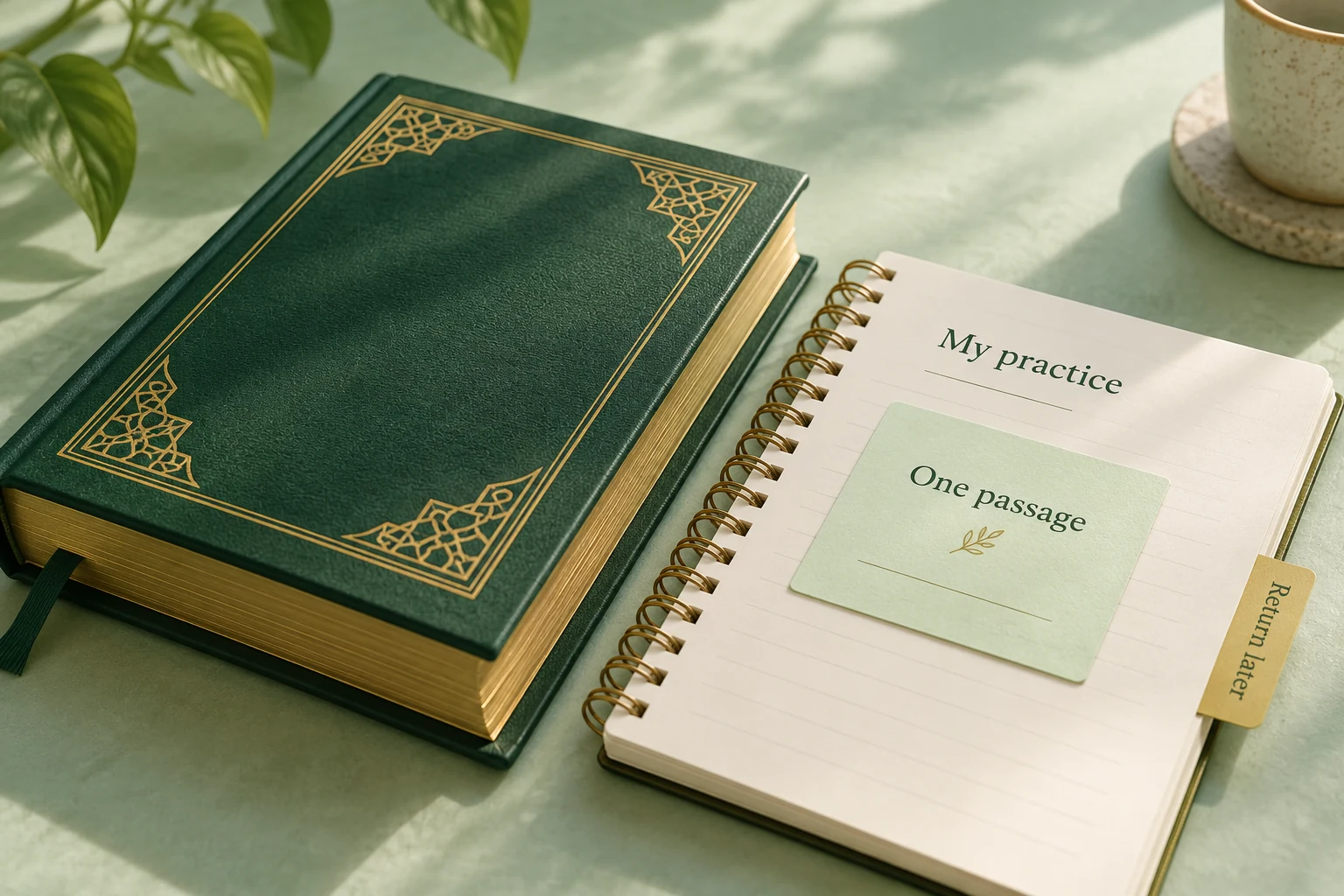 A closed green book beside a study notebook showing one small assigned passage and a bookmark for returning later