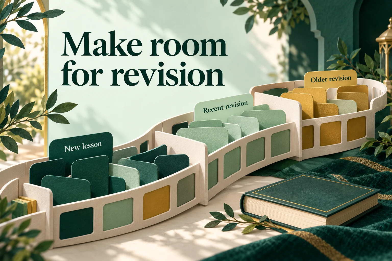 A mint and forest-green organiser with movable cards for new lessons, recent revision and older revision