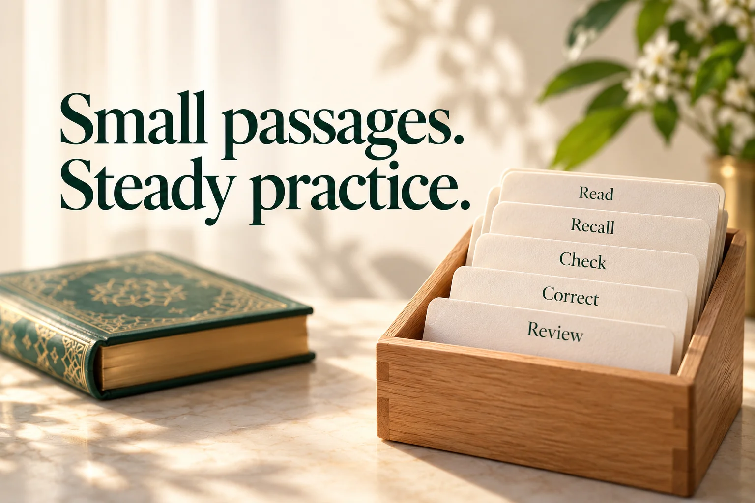 Small passages, steady practice: cards labelled Read, Recall, Check, Correct and Review