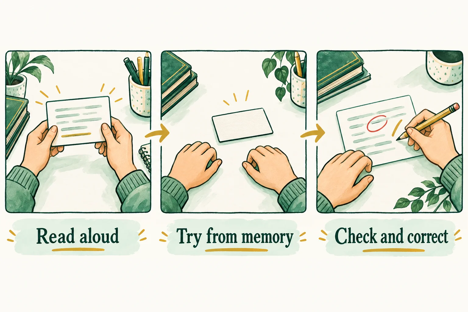Three illustrated panels: read aloud, try from memory, then check and correct