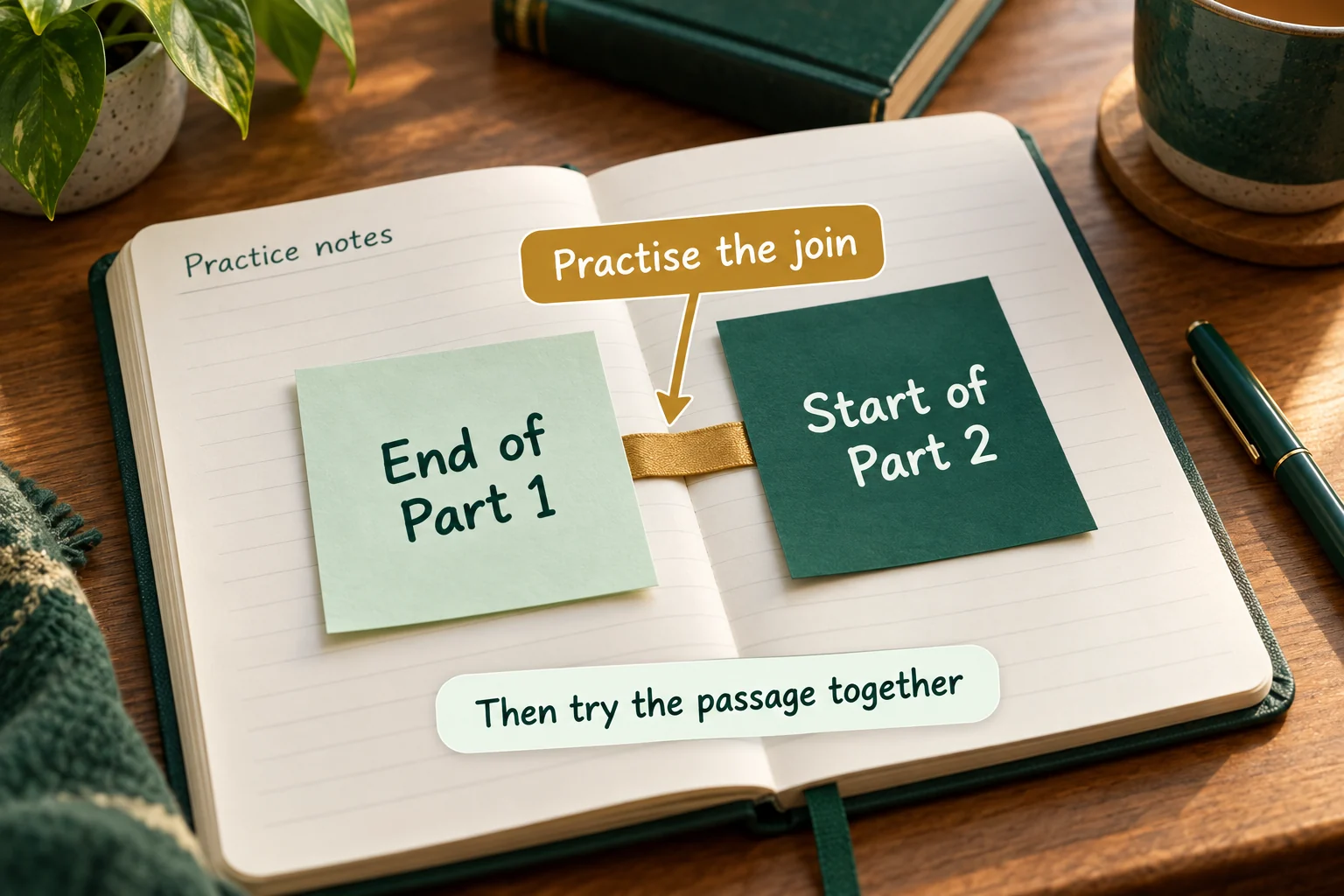 Two English practice notes linked at End of Part 1 and Start of Part 2, with a pointer to the join