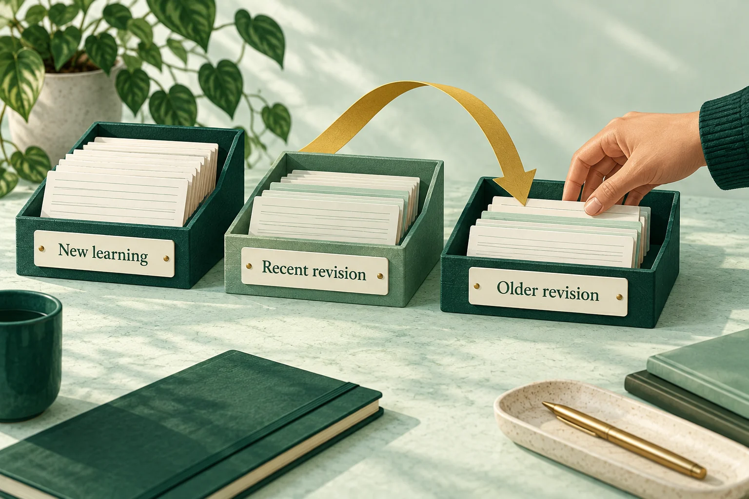 Three practice-note trays labelled New learning, Recent revision and Older revision, with a hand returning to older work